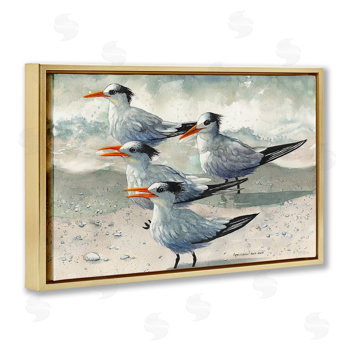 Birds on Sandy Beach Gold Floating Frame Canvas Wall Art, Home Decor by Christine Reichow