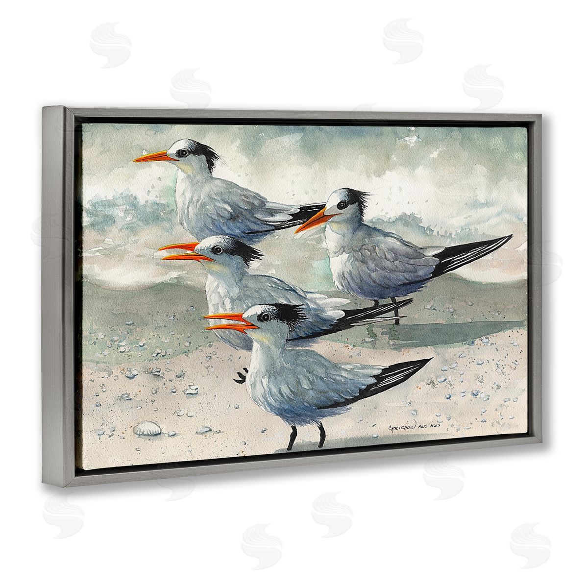 Birds on Sandy Beach Grey Floating Frame Canvas Wall Art, Home Decor by Christine Reichow