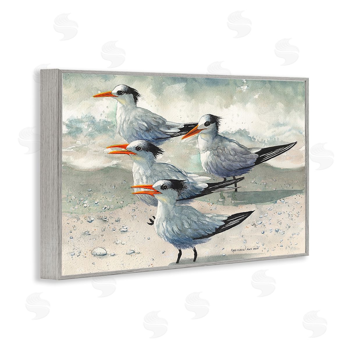 Birds on Sandy Beach Grey Frame Print Wall Art, Home Decor by Christine Reichow