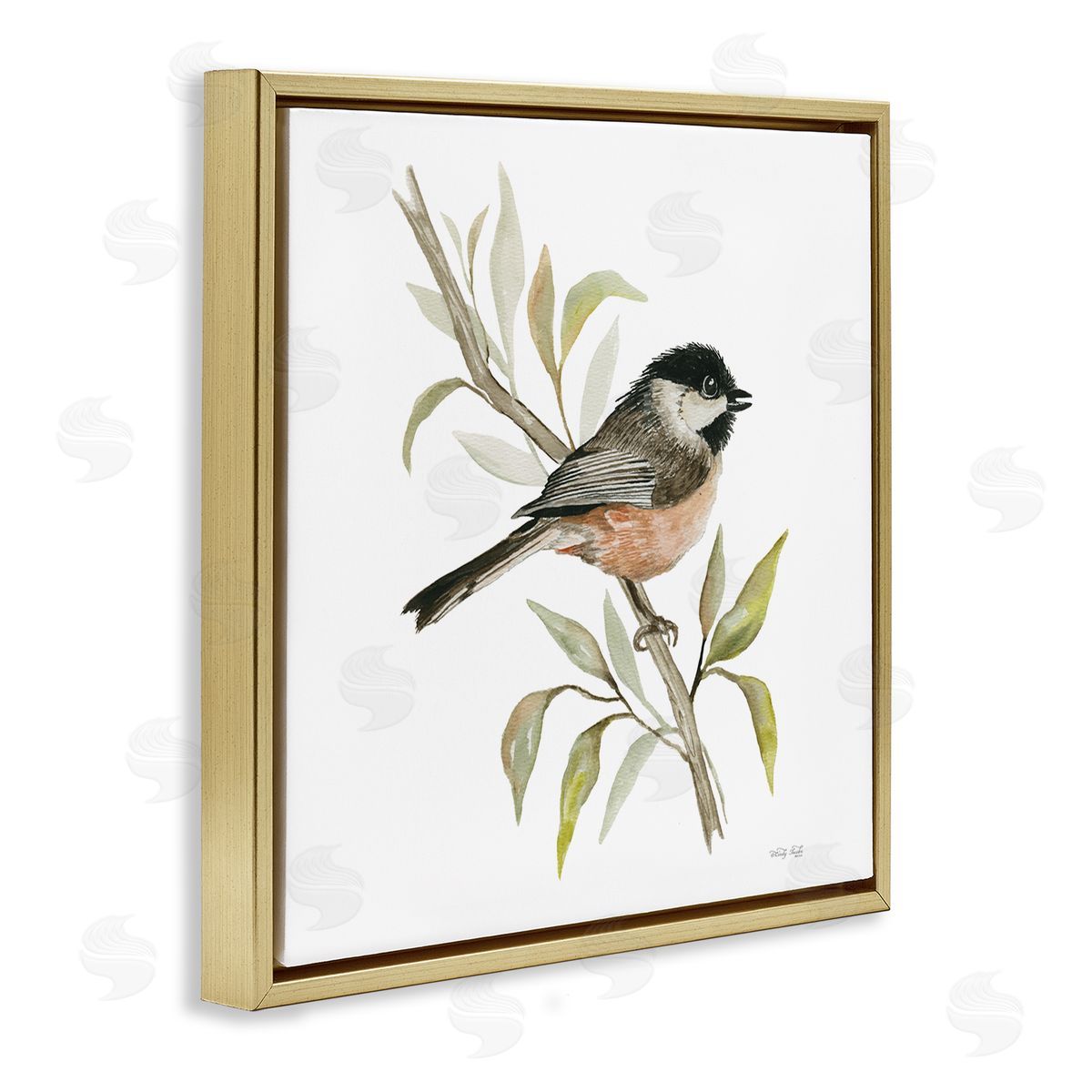 Sparrow on Branch Gold Floating Frame Canvas Wall Art, Home Decor by Cindy Jacobs