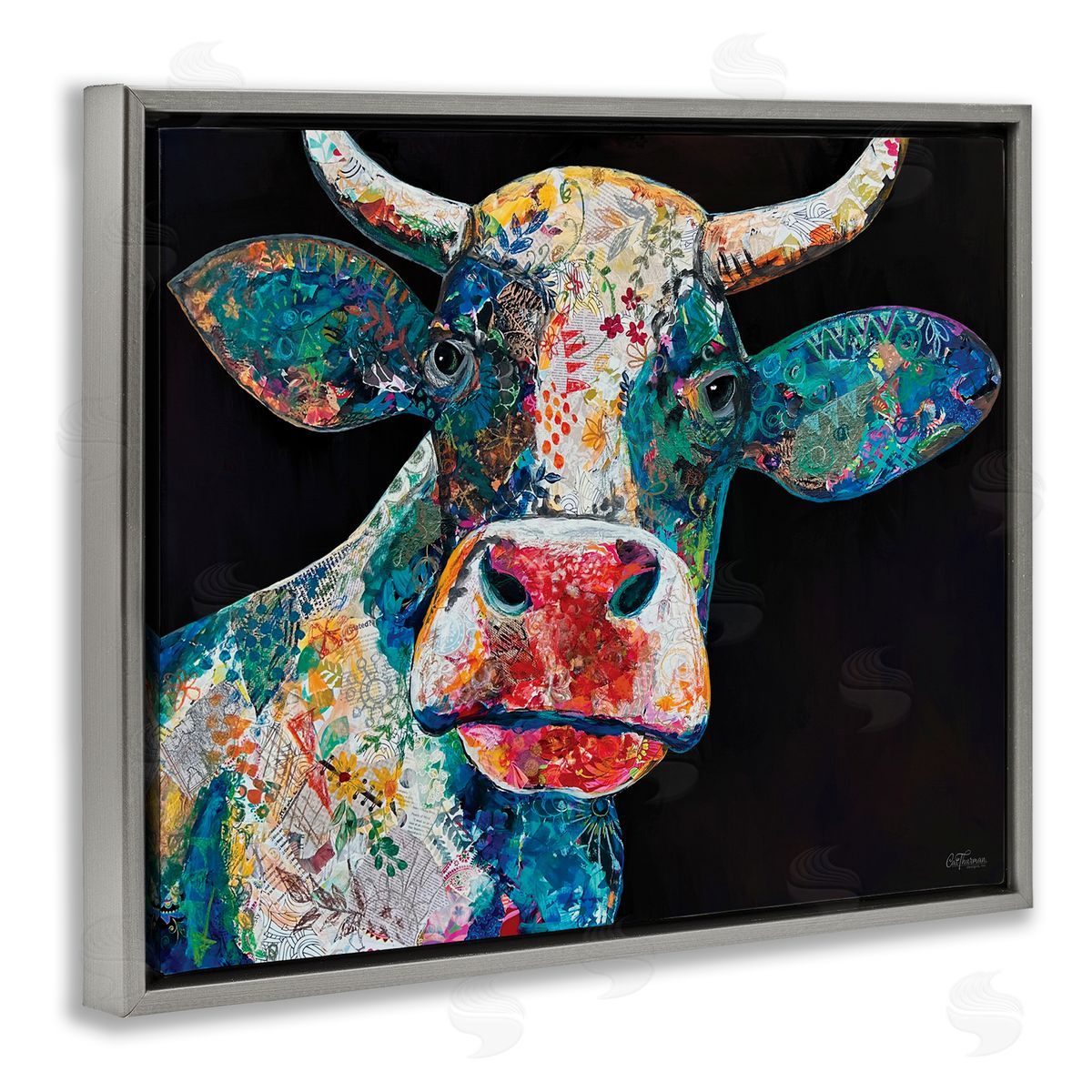 Paisley Pattern Cow Grey Floating Frame Canvas Wall Art, Home Decor by Cat Thurman Designs