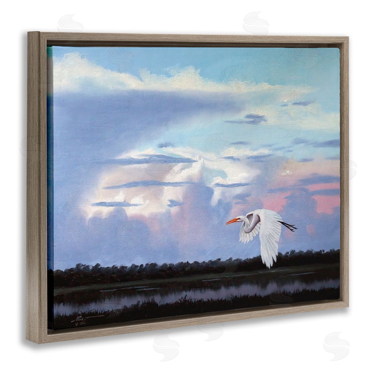 Heron Flying Through Clouds Brown Floating Frame Canvas Wall Art, Home Decor by D. Rust