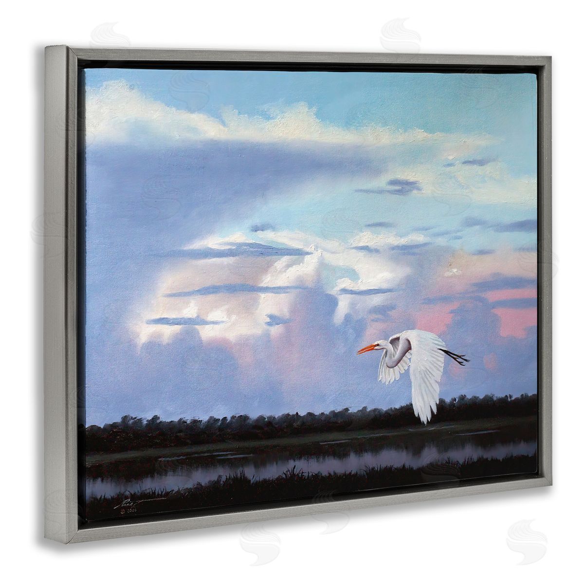 Heron Flying Through Clouds Grey Floating Frame Canvas Wall Art, Home Decor by D. Rust