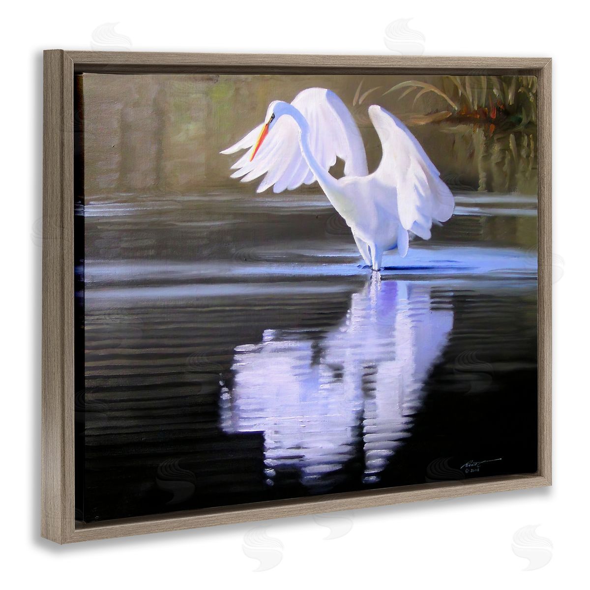 Egret with Water Ripples Brown Floating Frame Canvas Wall Art, Home Decor by D. Rust