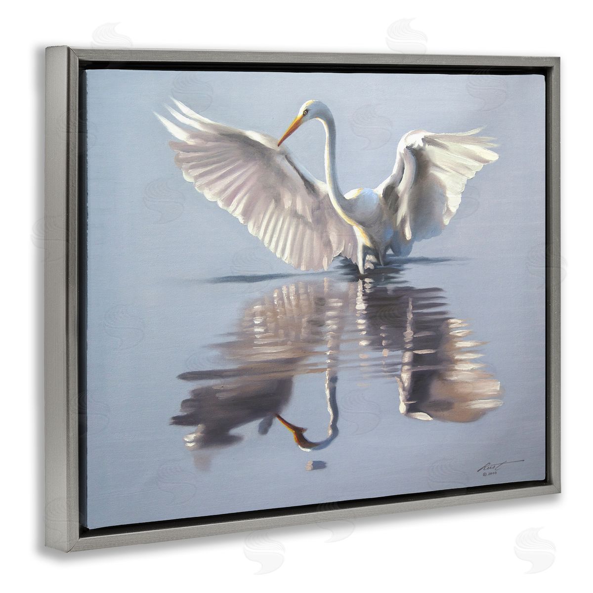 Egret with Beautiful Wingspan Grey Floating Frame Canvas Wall Art, Home Decor by D. Rust