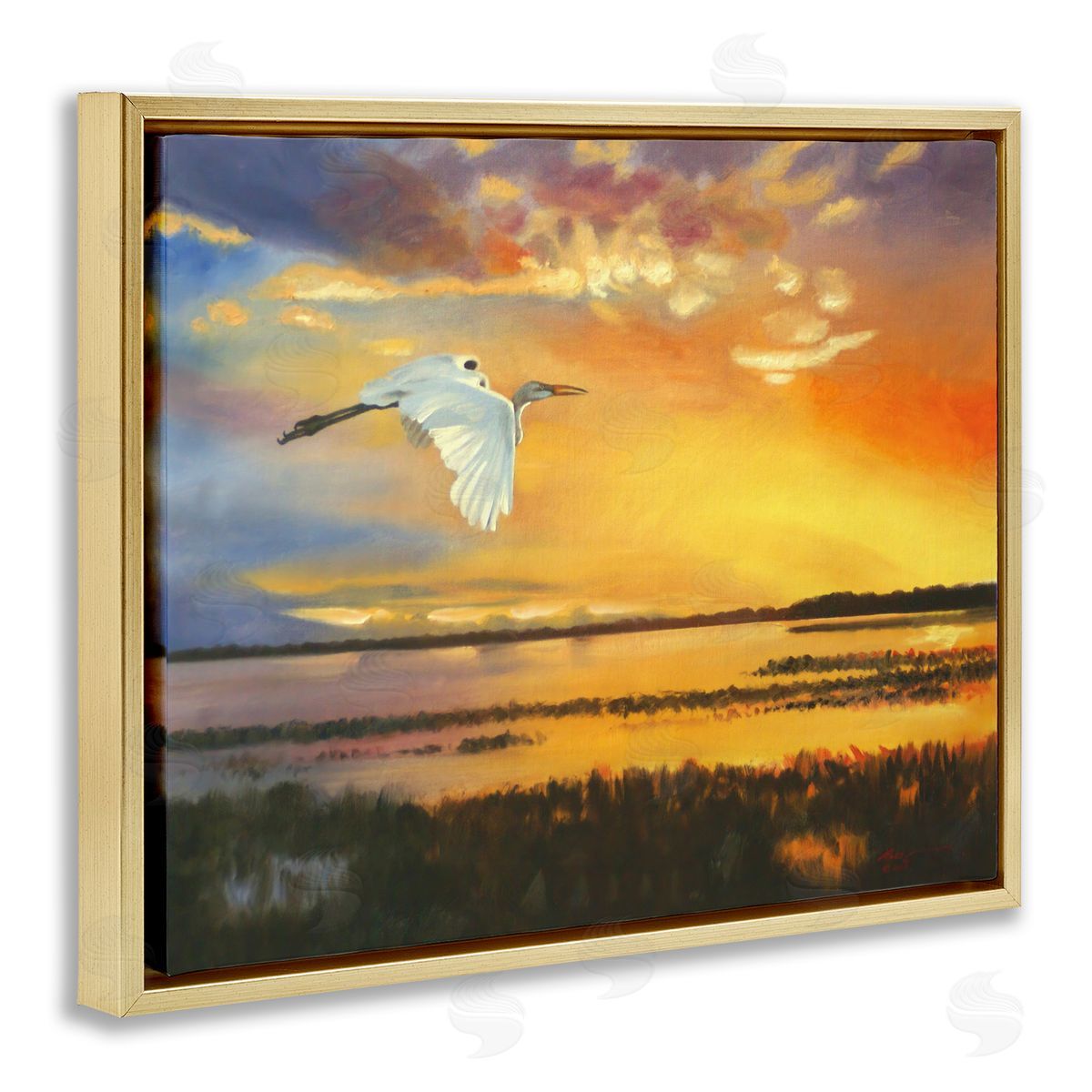 Bird over Sunlit Pond Gold Floating Frame Canvas Wall Art, Home Decor by D. Rust