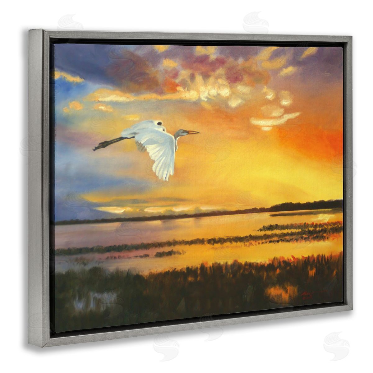 Bird over Sunlit Pond Grey Floating Frame Canvas Wall Art, Home Decor by D. Rust