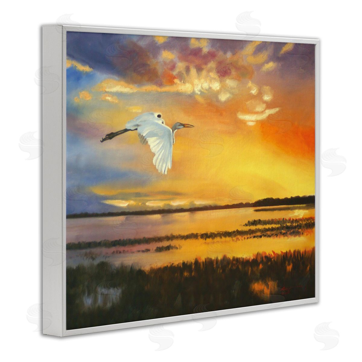 Bird over Sunlit Pond White Frame Print Wall Art, Home Decor by D. Rust