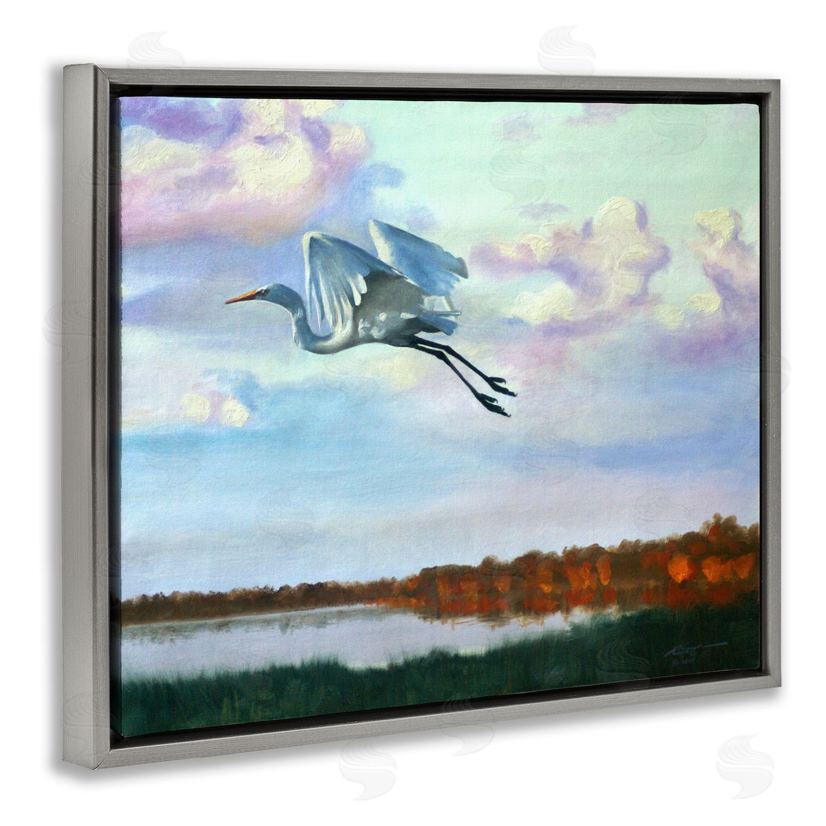 Egret Over Lake Shore Grey Floating Frame Canvas Wall Art, Home Decor by D. Rust