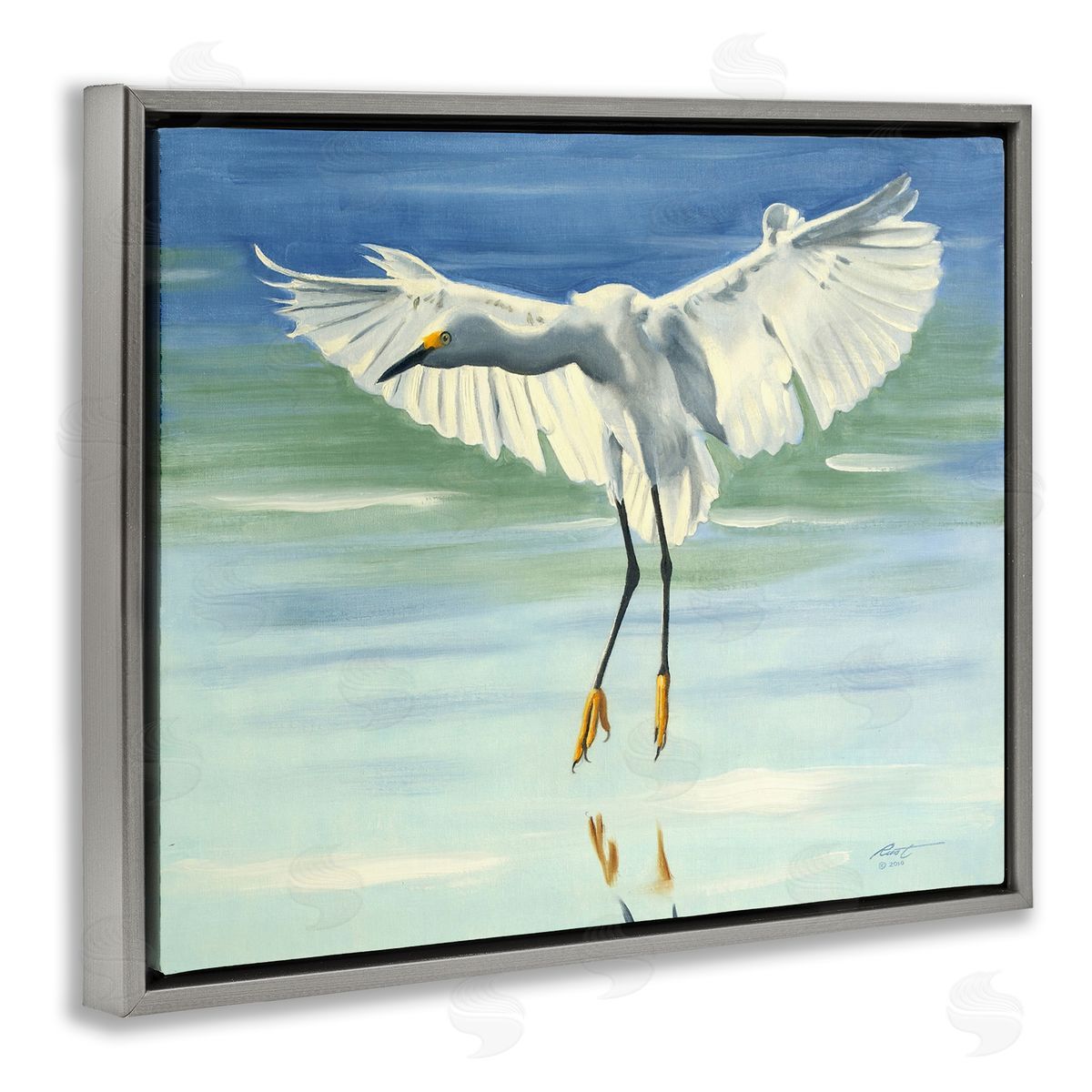 Snowy Egret on Beach Grey Floating Frame Canvas Wall Art, Home Decor by D. Rust