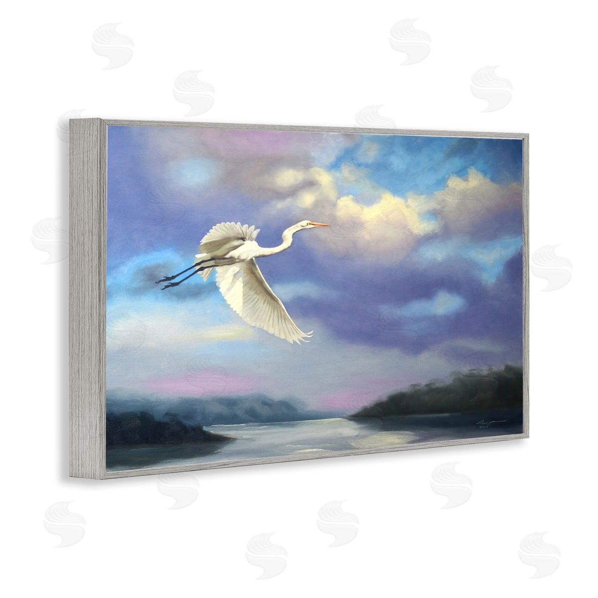 Egret Over Clouds Grey Frame Print Wall Art, Home Decor by D. Rust