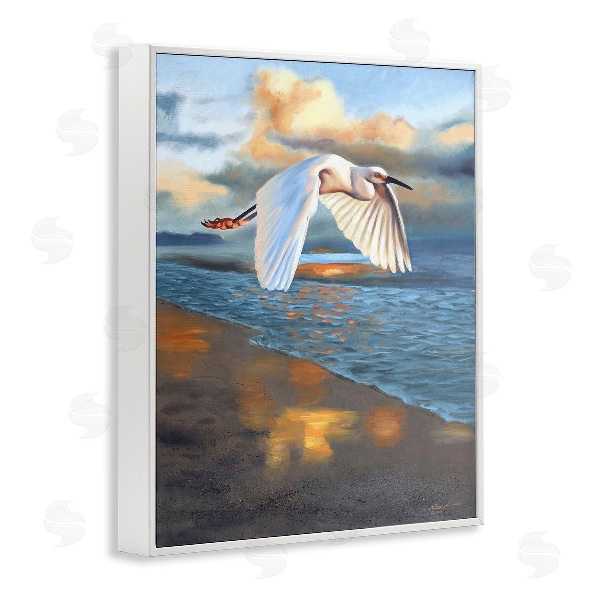 Egret Wingspan over Beach White Frame Print Wall Art, Home Decor by D. Rust