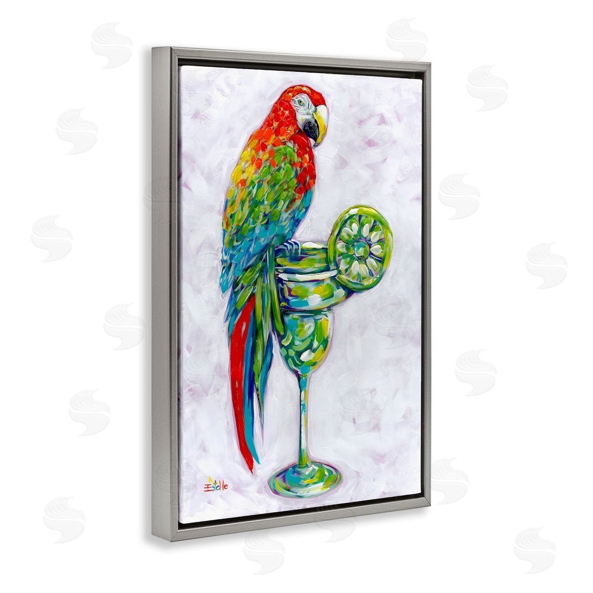 Margarita Parrot Perched Grey Floating Frame Canvas Wall Art, Home Decor by Estelle Grengs