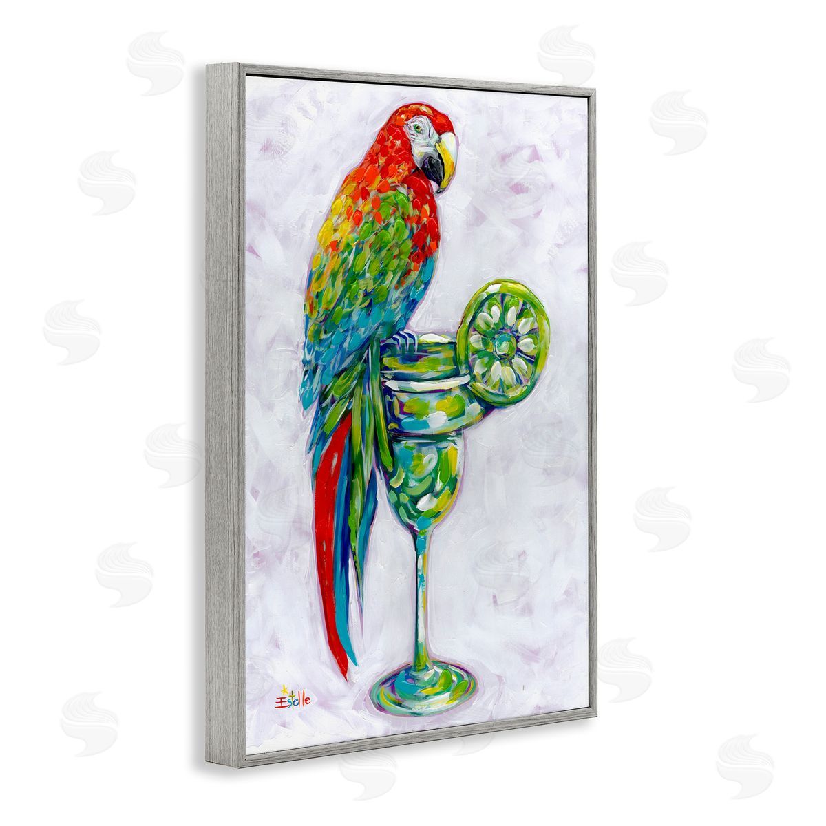 Margarita Parrot Perched Grey Frame Print Wall Art, Home Decor by Estelle Grengs