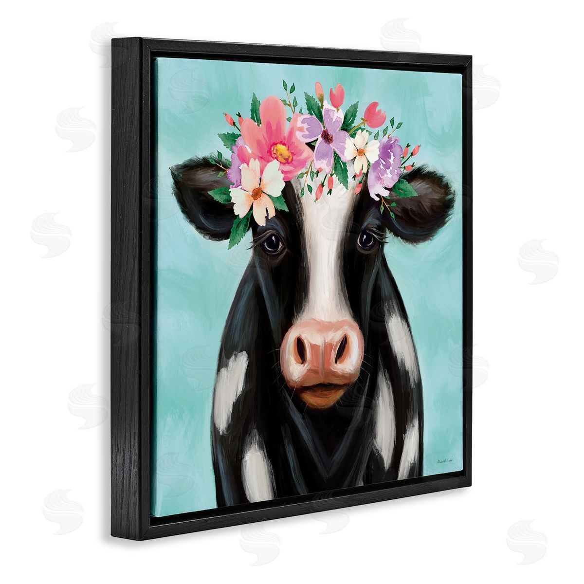Cow with Pastel Flowers Black Floating Frame Canvas Wall Art, Home Decor by Elizabeth Tyndall