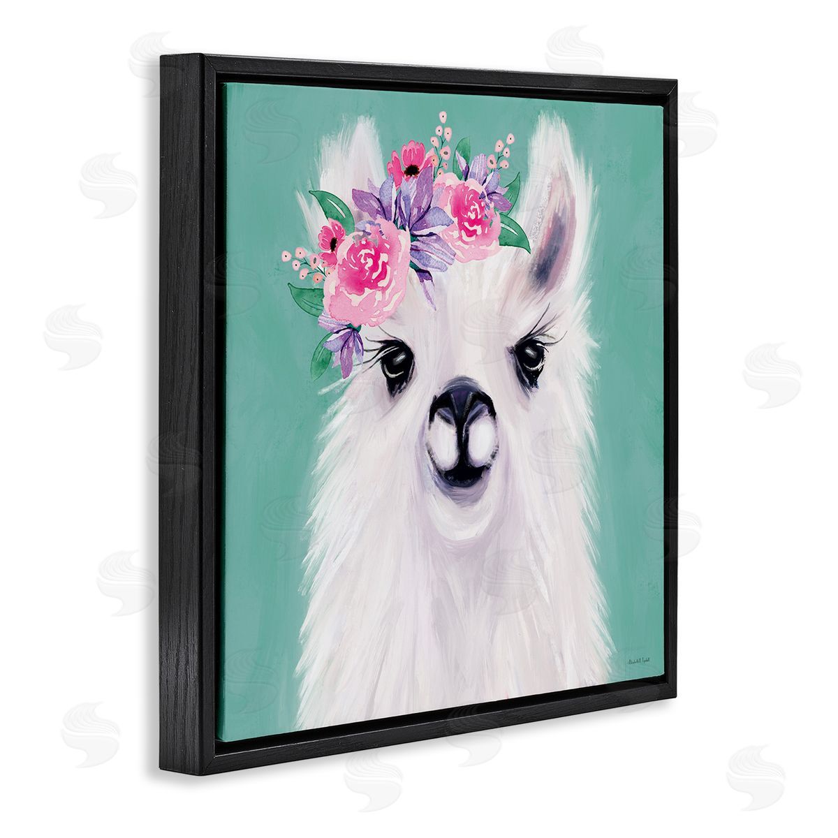 Fluffy Floral Alpaca Black Floating Frame Canvas Wall Art, Home Decor by Elizabeth Tyndall