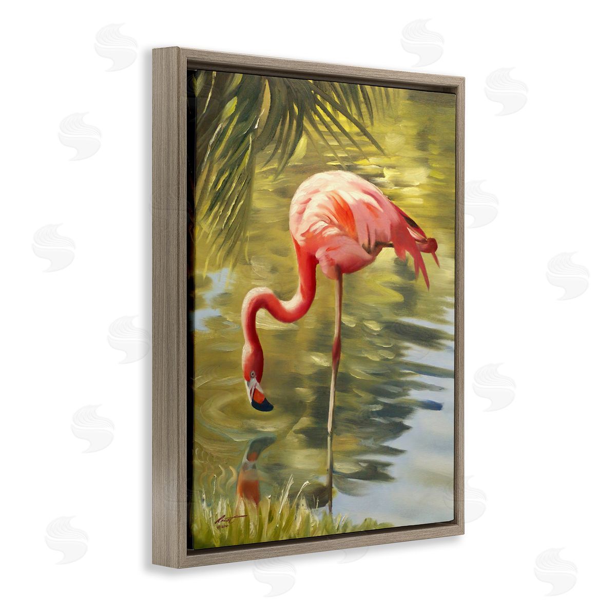 Flamingo Shallow Pond Brown Floating Frame Canvas Wall Art, Home Decor by D. Rust