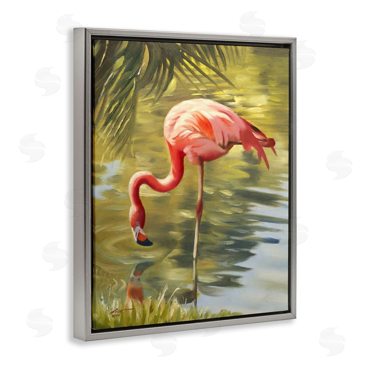 Flamingo Shallow Pond Grey Floating Frame Canvas Wall Art, Home Decor by D. Rust