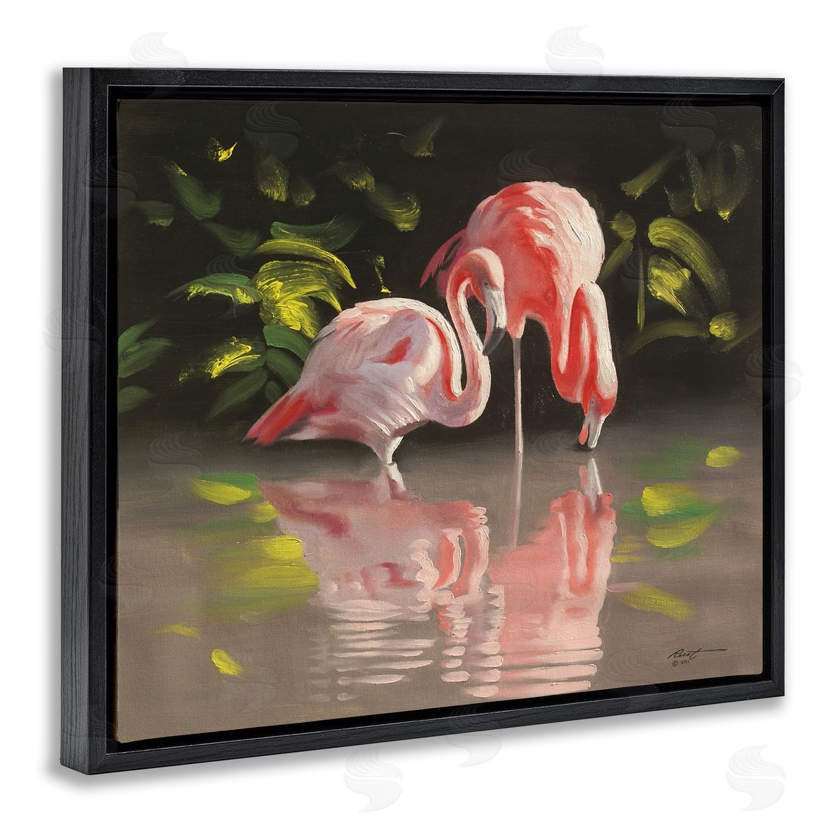 Flamingos with Pond Reflection Black Floating Frame Canvas Wall Art, Home Decor by D. Rust