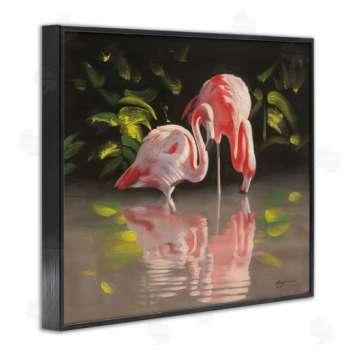 Flamingos with Pond Reflection Black Frame Print Wall Art, Home Decor by D. Rust