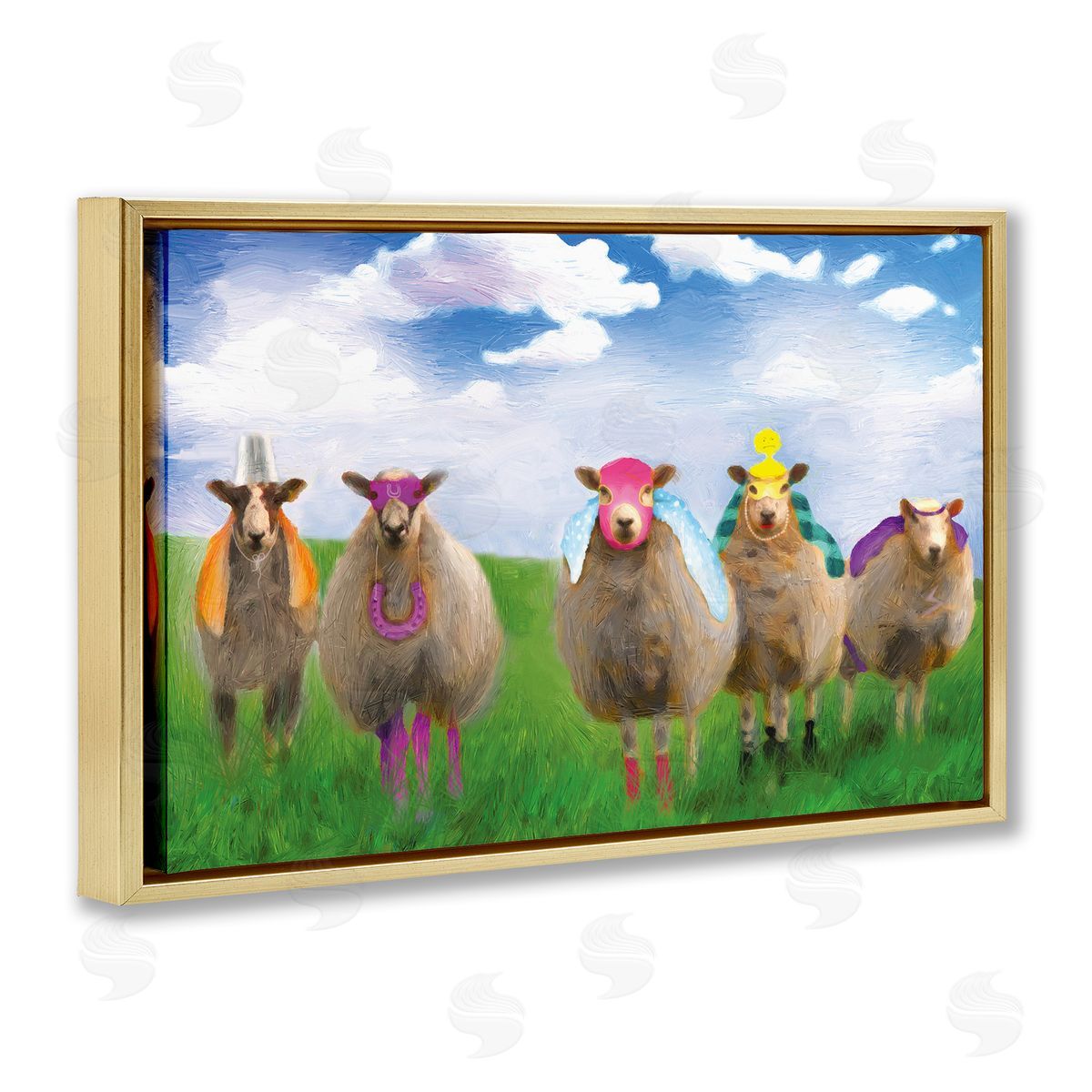 Superhero Sheep in Field Gold Floating Frame Canvas Wall Art, Home Decor by Porter Hastings