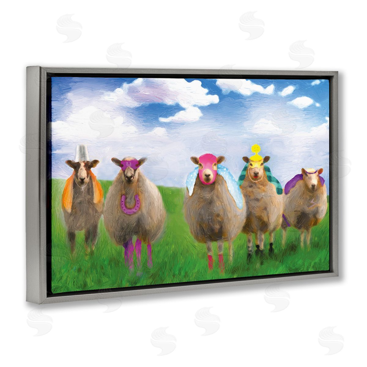 Superhero Sheep in Field Grey Floating Frame Canvas Wall Art, Home Decor by Porter Hastings