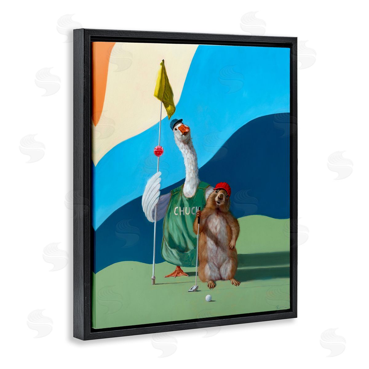 Golfing Goose and Gopher Black Floating Frame Canvas Wall Art, Home Decor by Lucia Heffernan