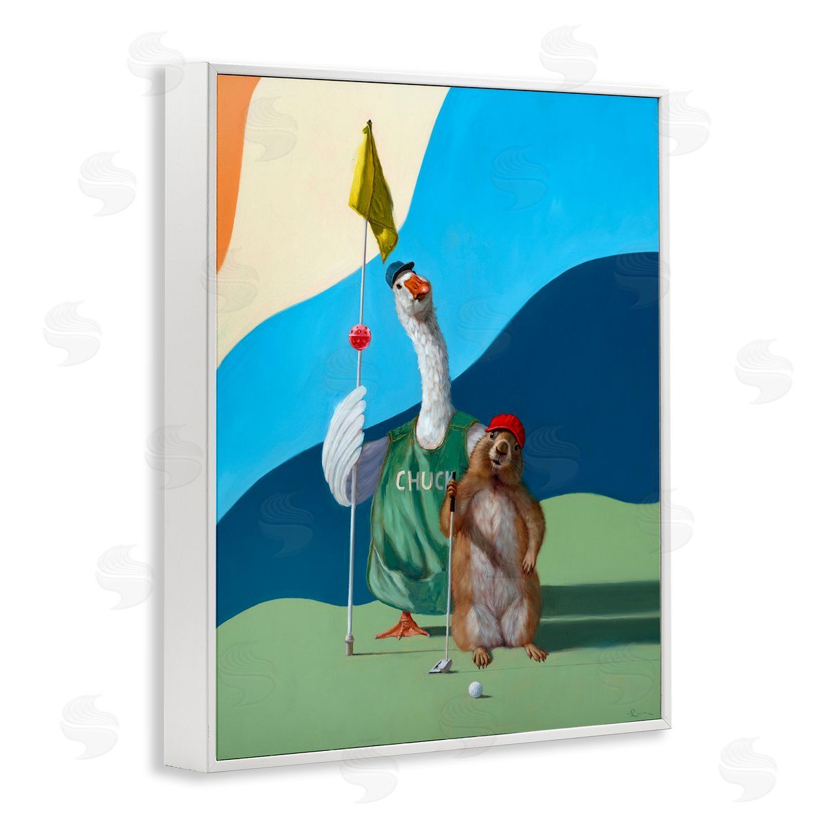 Golfing Goose and Gopher White Frame Print Wall Art, Home Decor by Lucia Heffernan