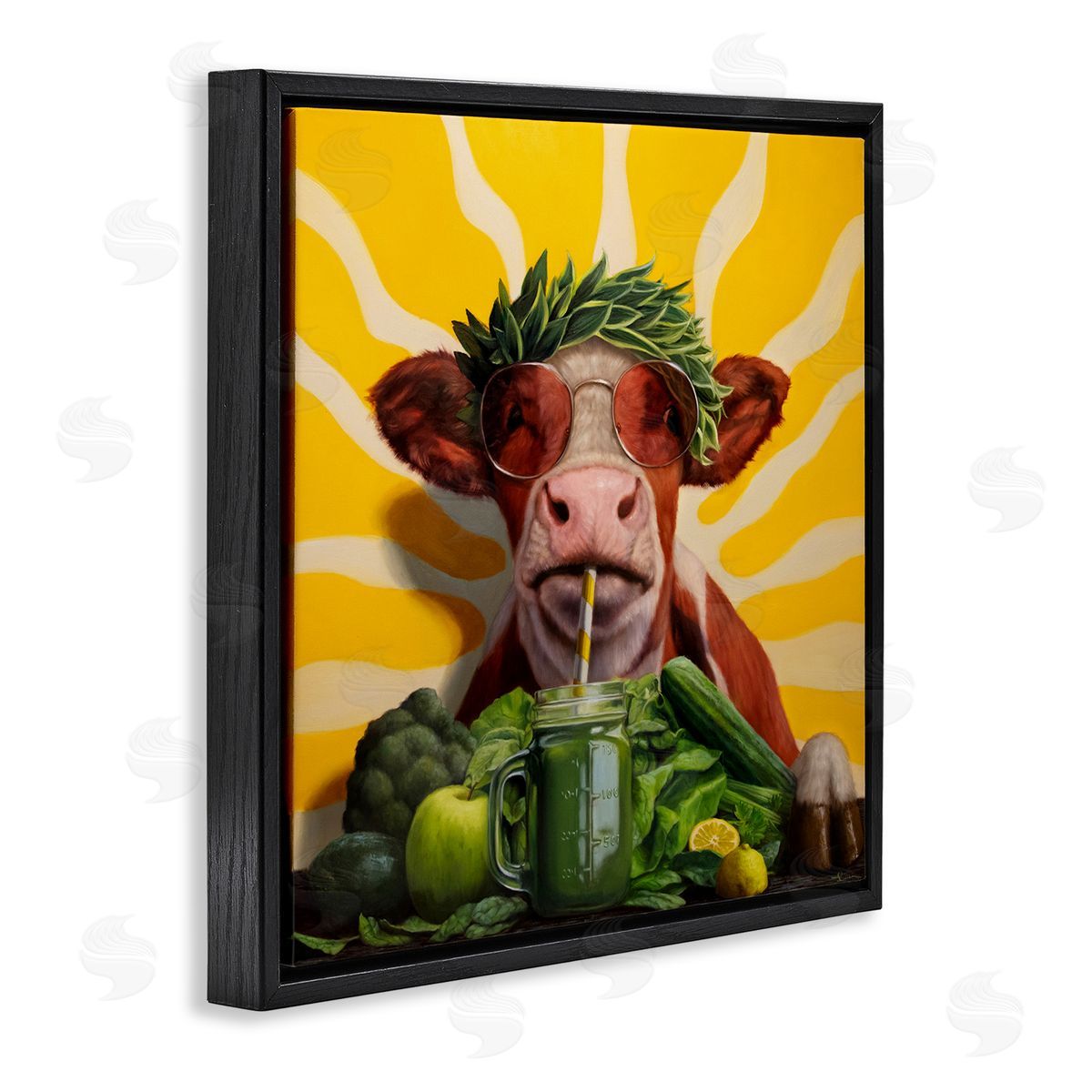Cow with Healthy Smoothie Black Floating Frame Canvas Wall Art, Home Decor by Lucia Heffernan