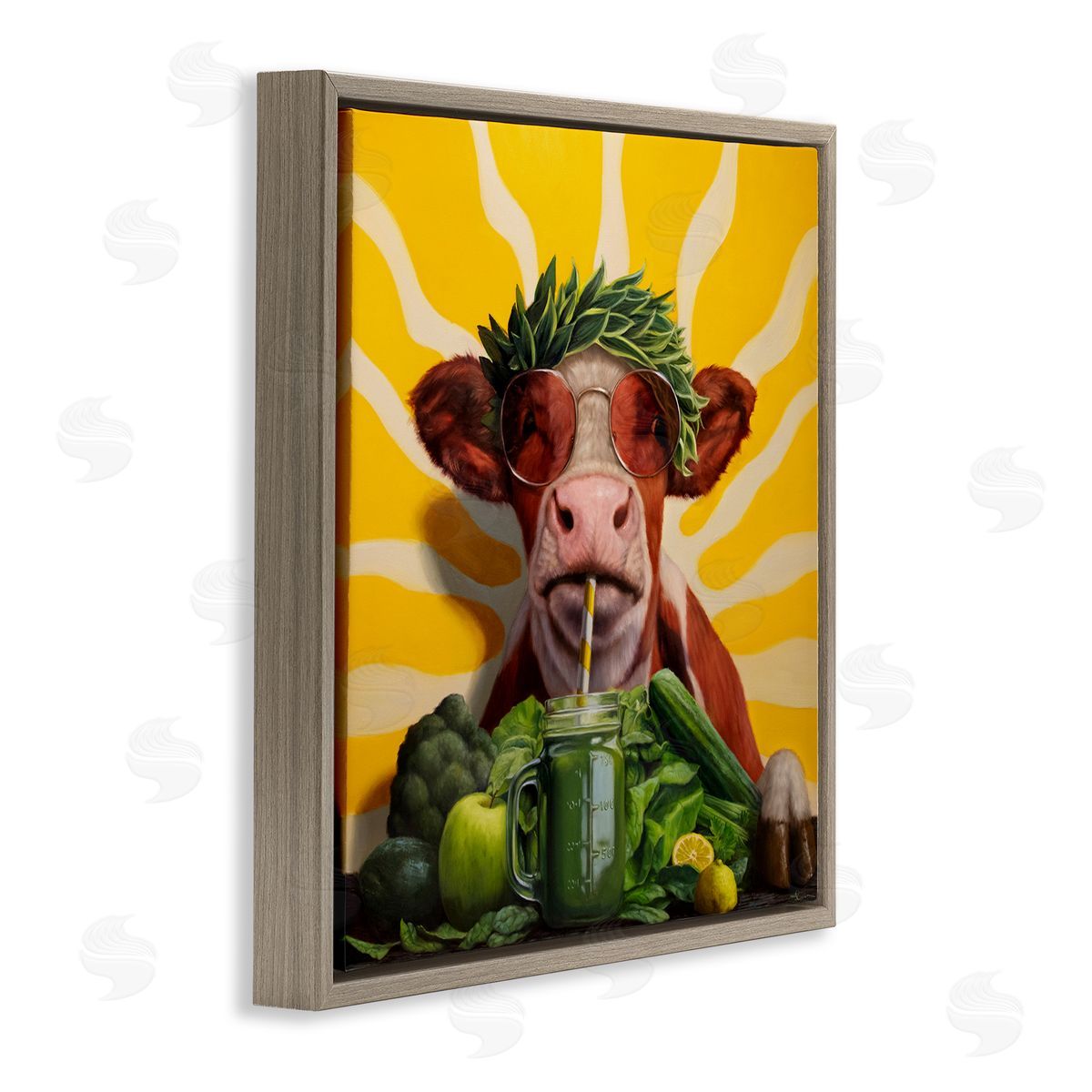 Cow with Healthy Smoothie Brown Floating Frame Canvas Wall Art, Home Decor by Lucia Heffernan