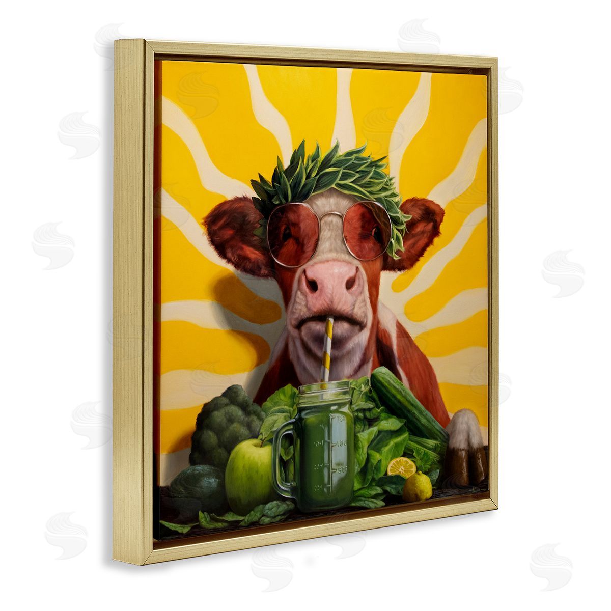Cow with Healthy Smoothie Gold Floating Frame Canvas Wall Art, Home Decor by Lucia Heffernan