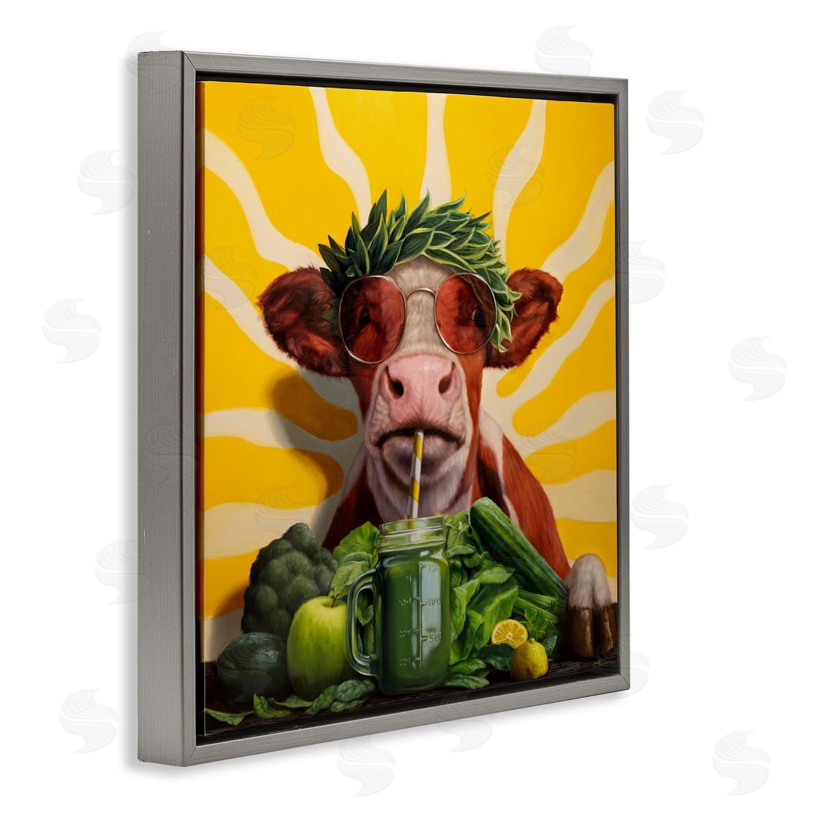Cow with Healthy Smoothie Grey Floating Frame Canvas Wall Art, Home Decor by Lucia Heffernan