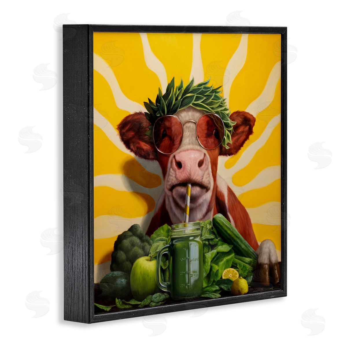 Cow with Healthy Smoothie Black Frame Print Wall Art, Home Decor by Lucia Heffernan