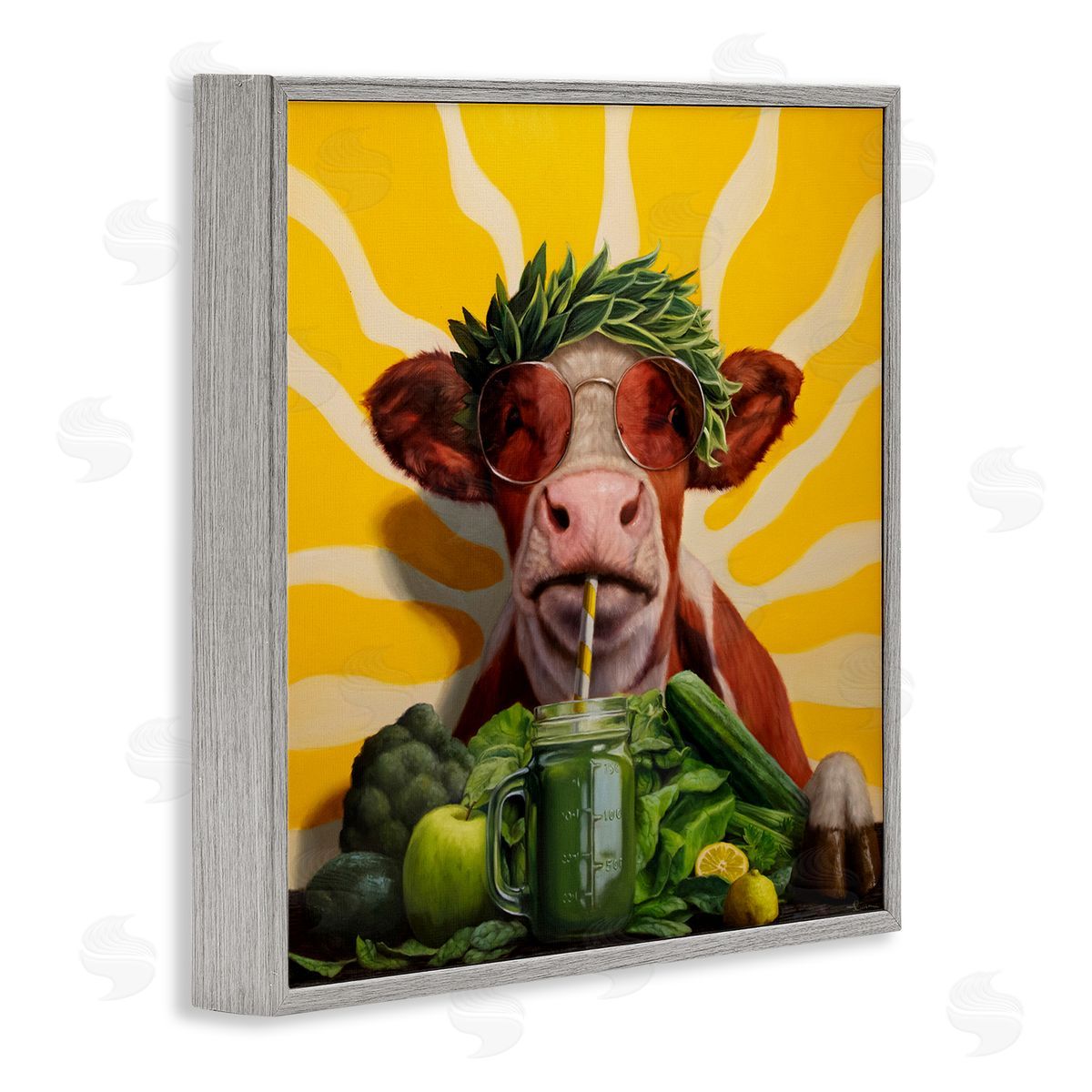 Cow with Healthy Smoothie Grey Frame Print Wall Art, Home Decor by Lucia Heffernan