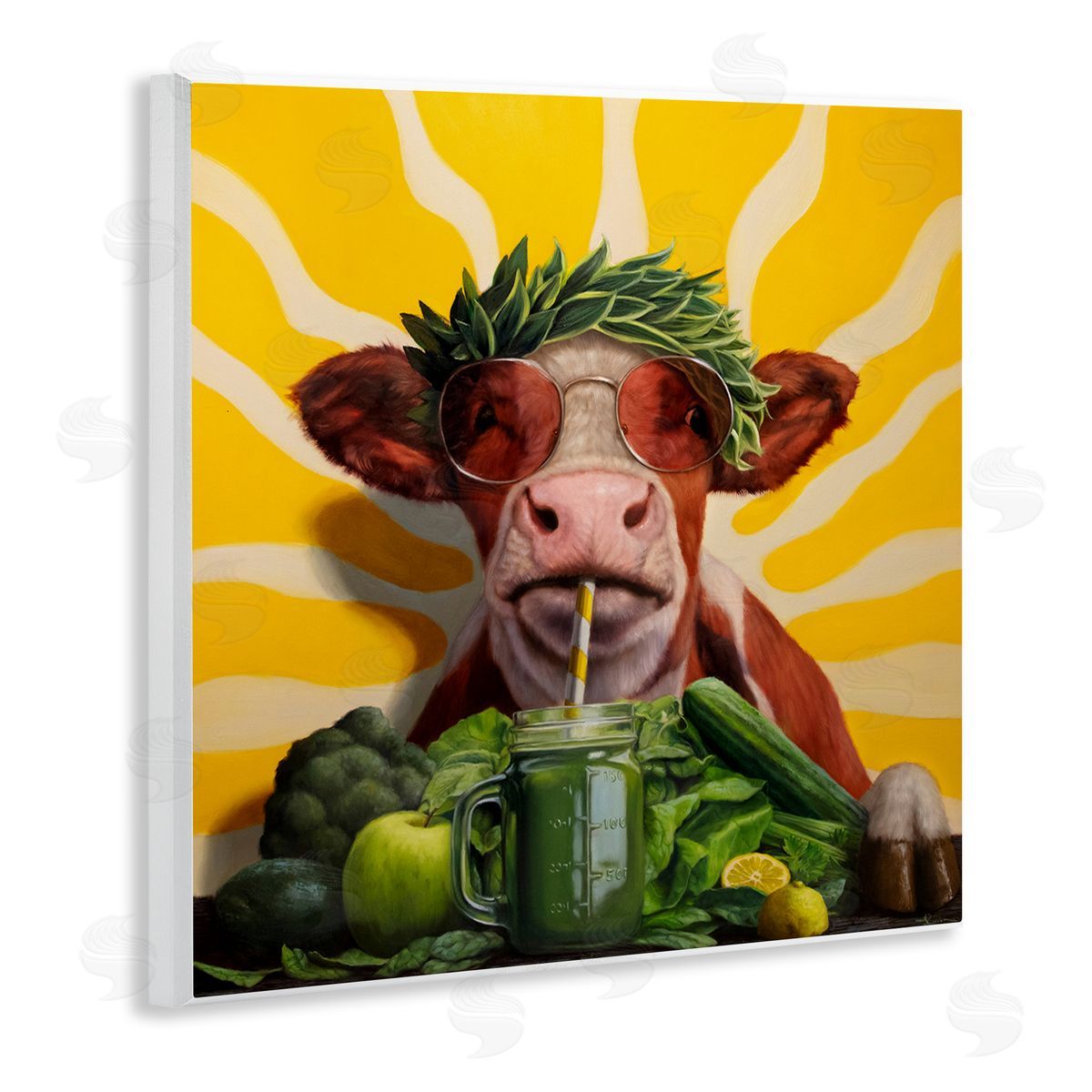 Cow with Healthy Smoothie Wood Plaque Wall Art, Home Decor by Lucia Heffernan
