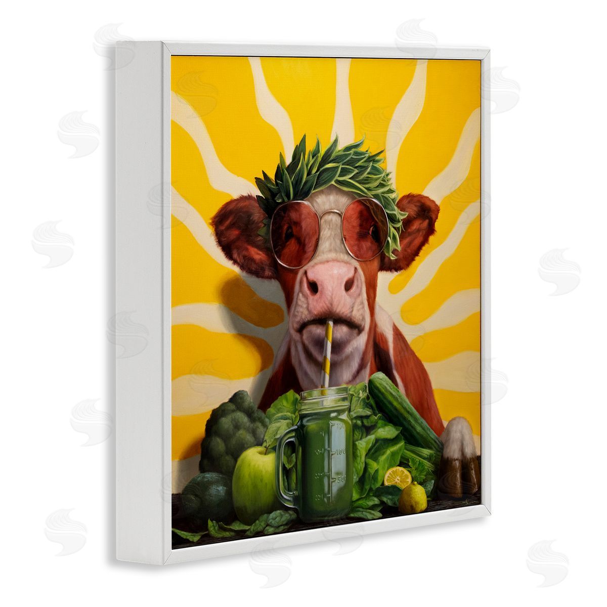 Cow with Healthy Smoothie White Frame Print Wall Art, Home Decor by Lucia Heffernan