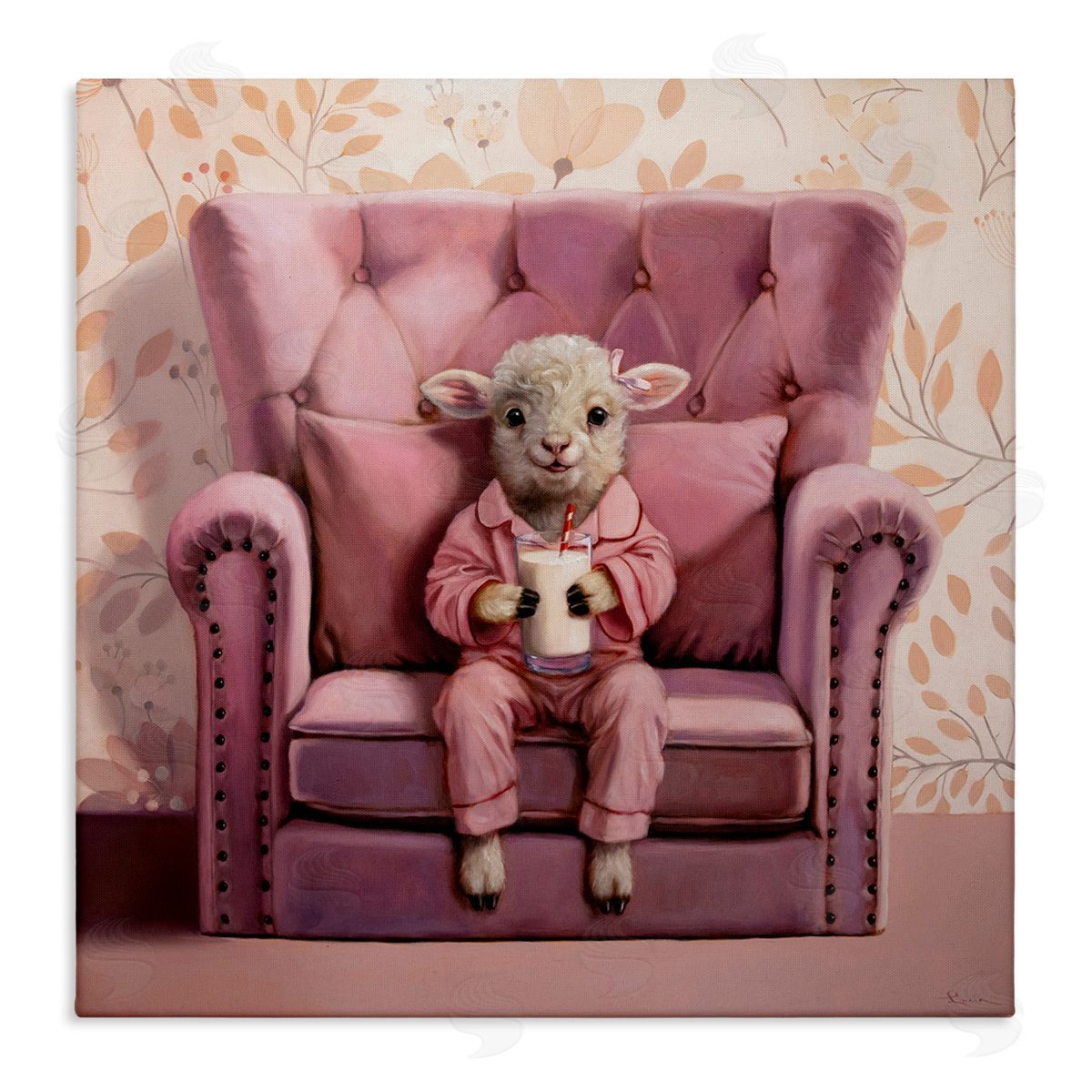 Baby Cow in Pink Chair Canvas Wall Art, Home Decor by Lucia Heffernan