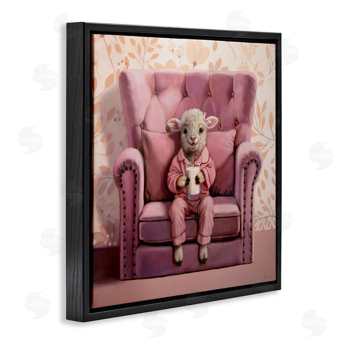 Baby Cow in Pink Chair Black Floating Frame Canvas Wall Art, Home Decor by Lucia Heffernan