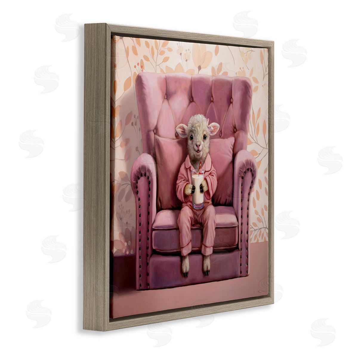 Baby Cow in Pink Chair Brown Floating Frame Canvas Wall Art, Home Decor by Lucia Heffernan