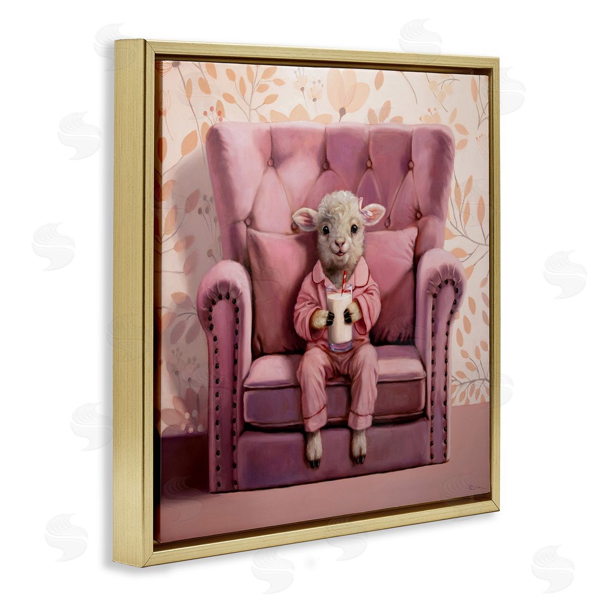Baby Cow in Pink Chair Gold Floating Frame Canvas Wall Art, Home Decor by Lucia Heffernan