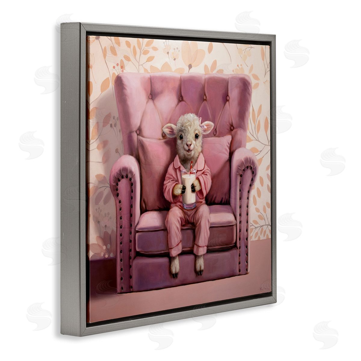 Baby Cow in Pink Chair Grey Floating Frame Canvas Wall Art, Home Decor by Lucia Heffernan