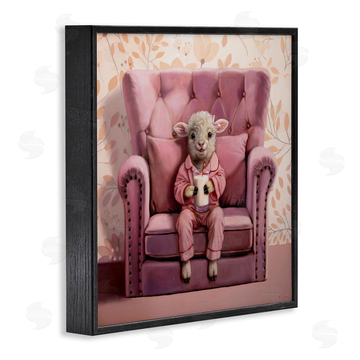 Baby Cow in Pink Chair Black Frame Print Wall Art, Home Decor by Lucia Heffernan