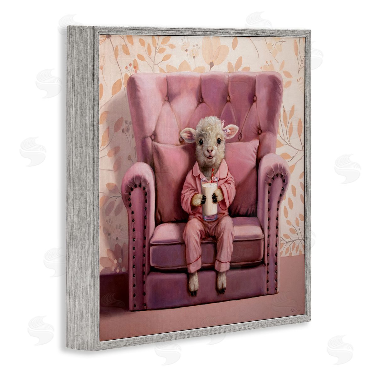 Baby Cow in Pink Chair Grey Frame Print Wall Art, Home Decor by Lucia Heffernan