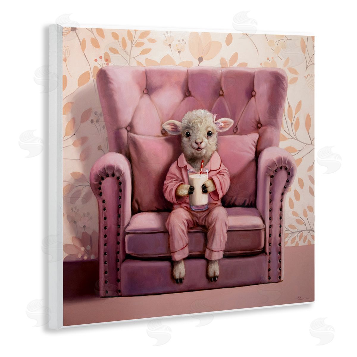 Baby Cow in Pink Chair Wood Plaque Wall Art, Home Decor by Lucia Heffernan