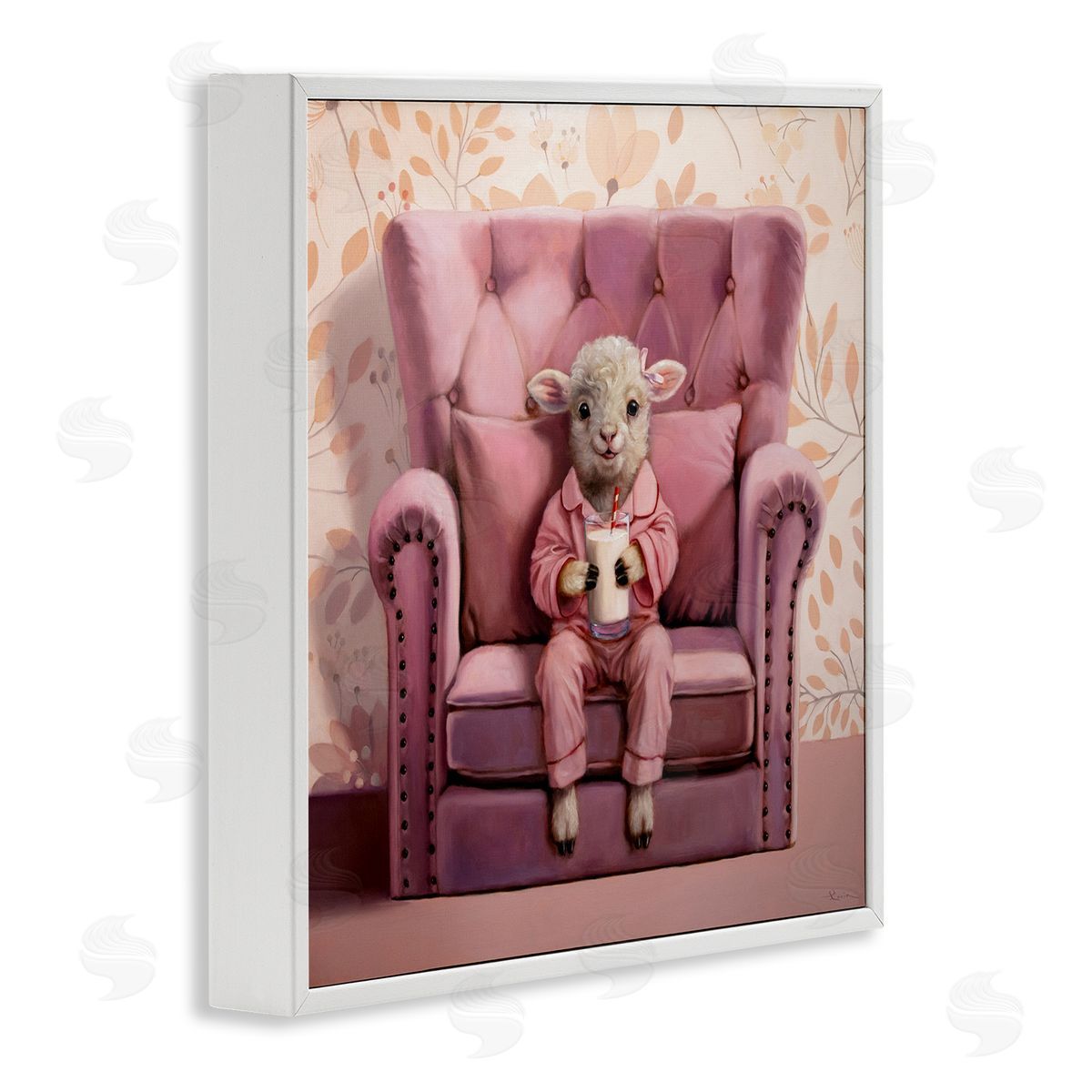 Baby Cow in Pink Chair White Frame Print Wall Art, Home Decor by Lucia Heffernan