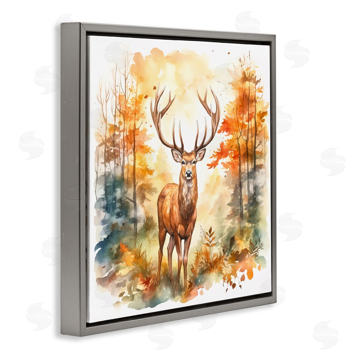 Autumn Forest Stag Grey Floating Frame Canvas Wall Art, Home Decor by Andrea Haase