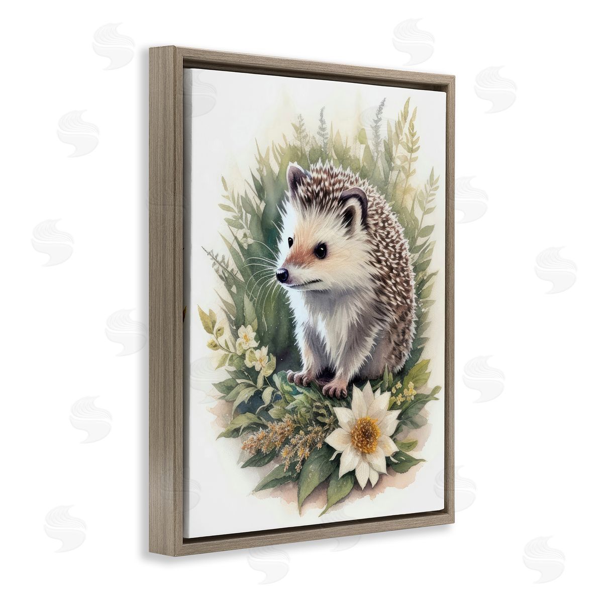 Hedgehog and White Flower Brown Floating Frame Canvas Wall Art, Home Decor by Denise Dundon