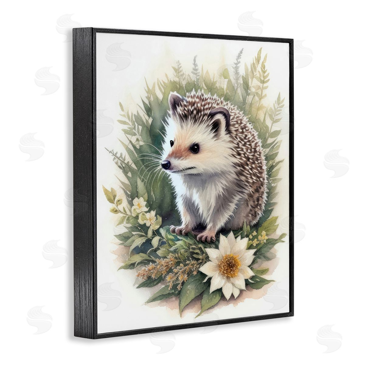 Hedgehog and White Flower Black Frame Print Wall Art, Home Decor by Denise Dundon