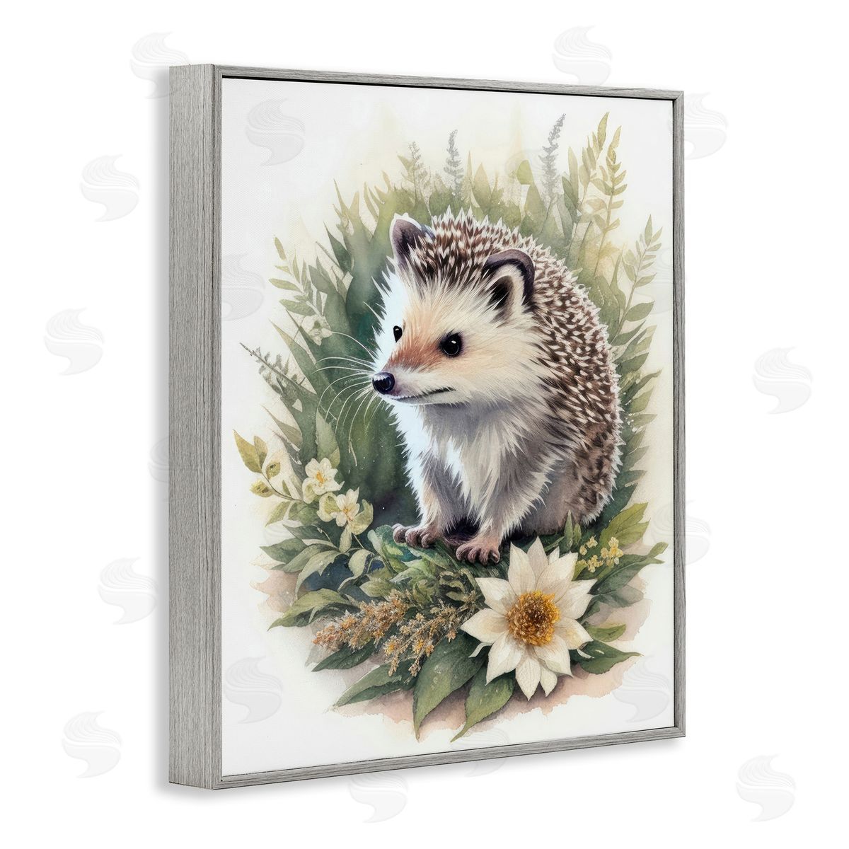 Hedgehog and White Flower Grey Frame Print Wall Art, Home Decor by Denise Dundon
