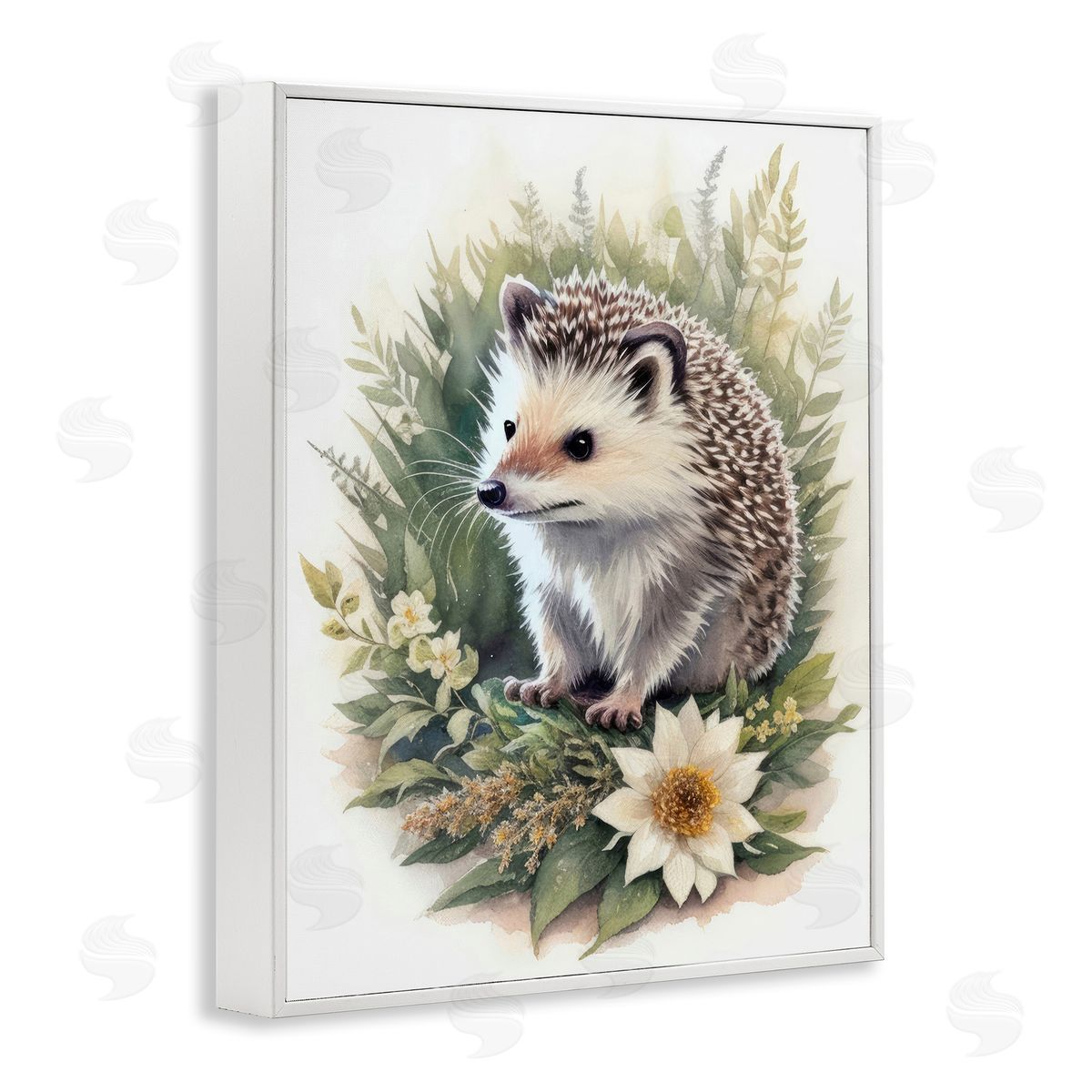 Hedgehog and White Flower White Frame Print Wall Art, Home Decor by Denise Dundon